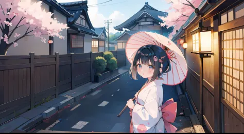 One girl、Japanese umbrella、a junior high school student、kimono、Ribbon band、​masterpiece、top-quality、Top image quality、cute little、Streets of Kyoto、beatiful backgrounds、