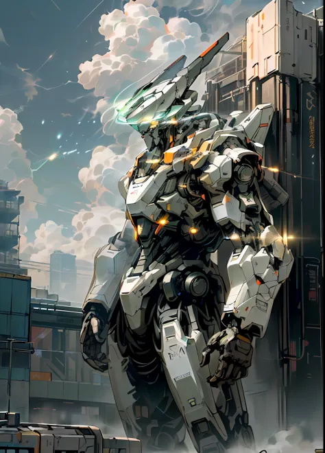 (((Science fiction city)), ((Robot stationing)), ((no_humans)), ((Sky)) and ((Cloud)) intertwined, ((Glow)) radiant, ambitious ((Mecha)) holding ((holding_weapon)) to ((Unknown Building)), ((glowing_eyes)) radiating light, as if he were the god of ((City))...
