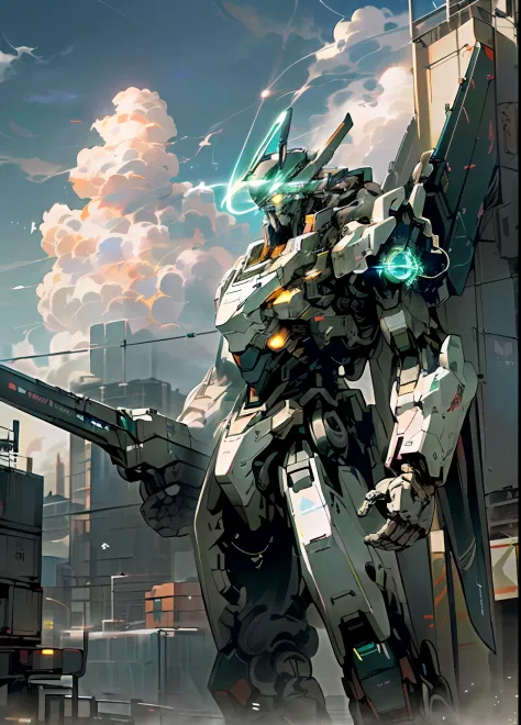 (((Science fiction city)), ((Robot stationing)), ((no_humans)), ((Sky)) and ((Cloud)) intertwined, ((Glow)) radiant, ambitious ((Mecha)) holding ((holding_weapon)) to ((Unknown Building)), ((glowing_eyes)) radiating light, as if he were the god of ((City))...