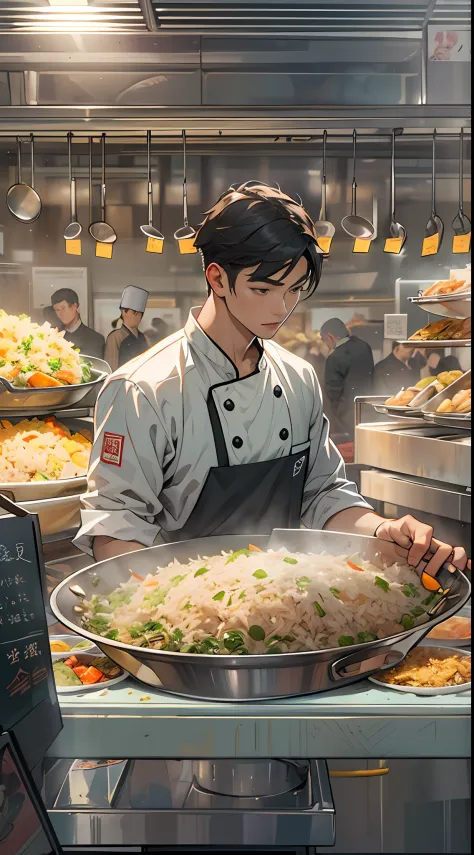 A young and promising male chef  stands in front of the stall, filled with delicious fried rice but obviously expensive. No one comes to the stall, and the man looks helpless. ,in the style of the stars art group xing xing, 32k, best quality, masterpiece, ...