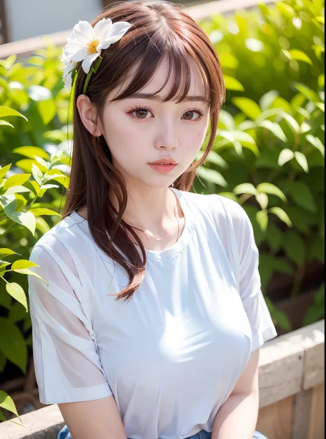 One wearing a white shirt，Close-up of a woman with a flower in her hair, beautiful Korean women, Gorgeous young Korean woman, Beautiful young Korean woman, Korean girl, ulzzangs, jaeyeon nam, white hime cut hairstyle, cute korean actress, a cute young woma...