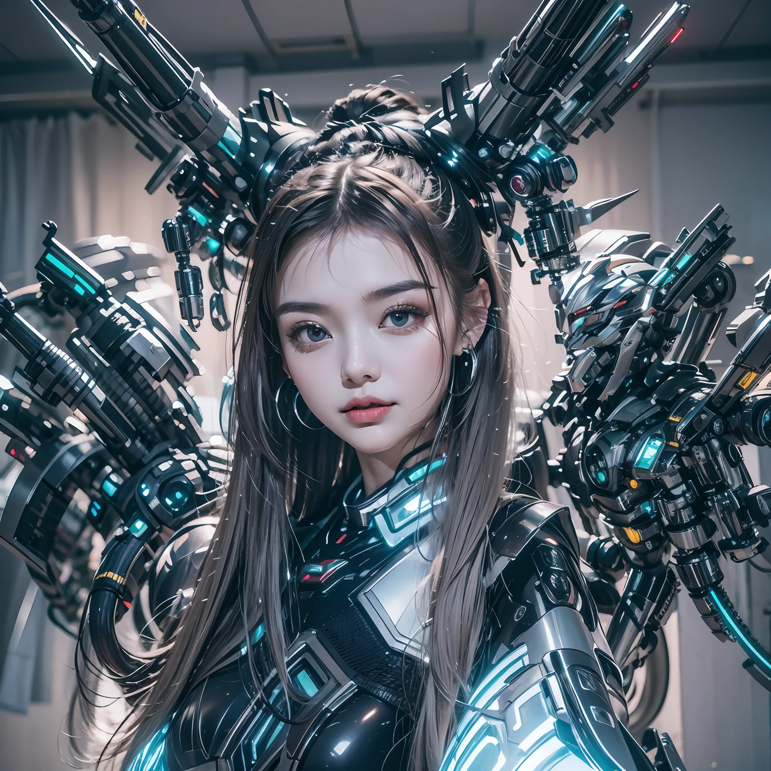 1 menina， chinês_roupas，características faciais perfeitas，rosto delicado， Titânio preto metálico e azul escuro，Armadura de metal preto de titânio，mecha， Fotorrealístico，Mecanismo multi-luza，ciberhanfu， em cheongsam， personagem cyber punk， enfeites de cabelo luminosos， cabelo longo e branco， Brincos luminosos，colar brilhante， luzes de néon luminosas，cores azuis，Luz azul，luz laser，Melhor qualidade na melhor das hipóteses，obra-prima，8K,luz de borda de personagem，detalhe hiper-alto，alta qualidade，(nenhum homem)