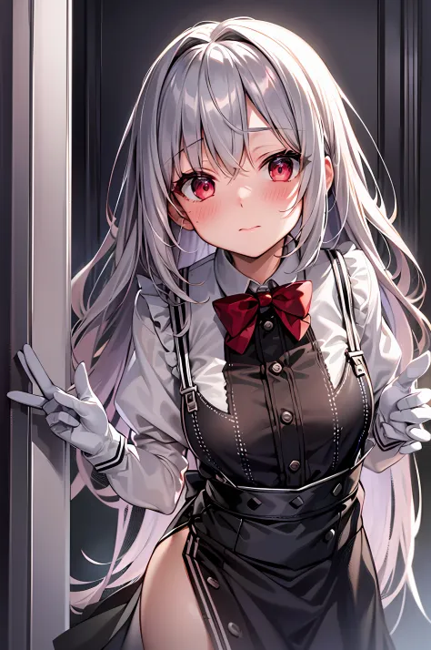 {Best Quality}, {ultra-detailliert}, {very detailed illustration}, silber hair, Aimei, embarrassed from，breastsout，Suspender Skirt，red blush，Black tie，Be undress，suspenders、skirt by the、Casual clothing，Maids