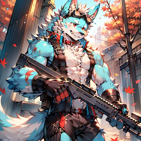 solo person，furry，werecreature，Male white wolf，Blue fur，Blue tail，White ears，Blood-red eyes，Red collar，musculature，male people，H...