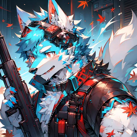 solo person，furry，werecreature，male white wolf，blue fur，blue tail，white ears，blood-red eyes，red collar，musculature，male people，h...