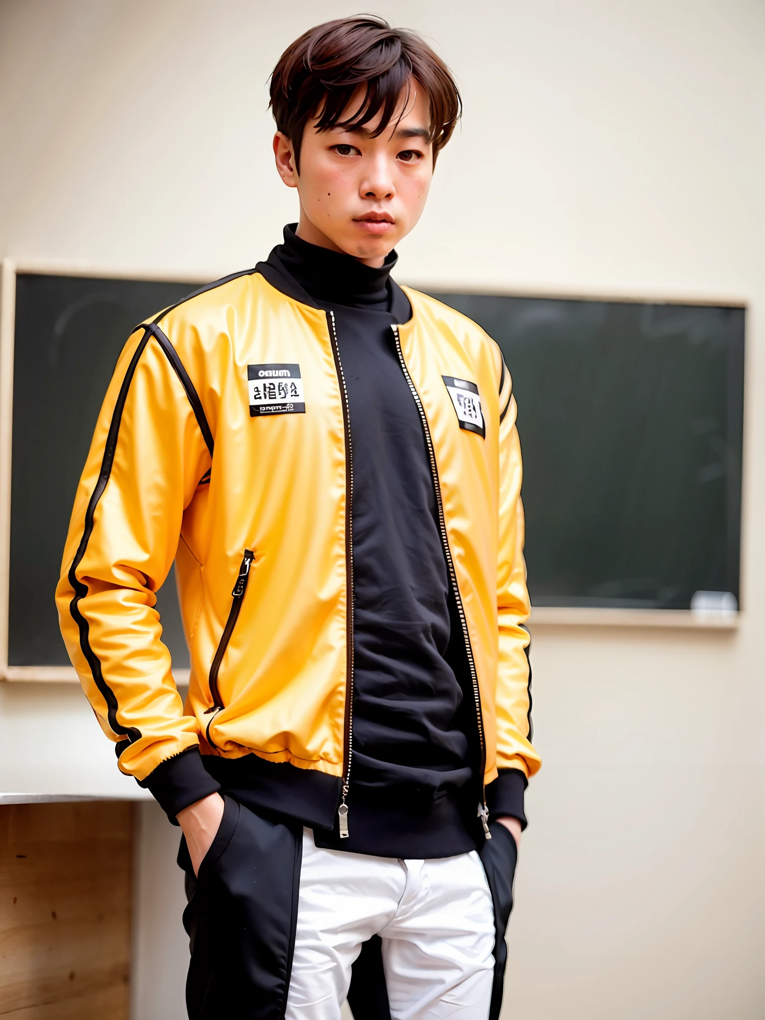 A Arafeld man in a yellow jacket stands in front of the blackboard, wearing track and field suit, inspired by Wen Zhengming, inspired by Qu Leilei, inspired by Wen Zhenheng, inspired by Li Tiefu, inspired by Chen Daofu, wenjun lin, inspired by Ye Xin, Inspired by Bian Shoumin, jinyiwei