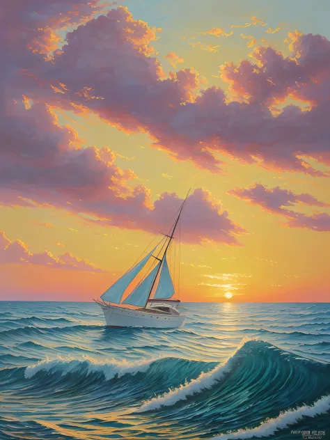 ocean sunset oil painting、oil painting with heavy glaze、intricate and delicate oil painting、high quality smooth painting、wall de...