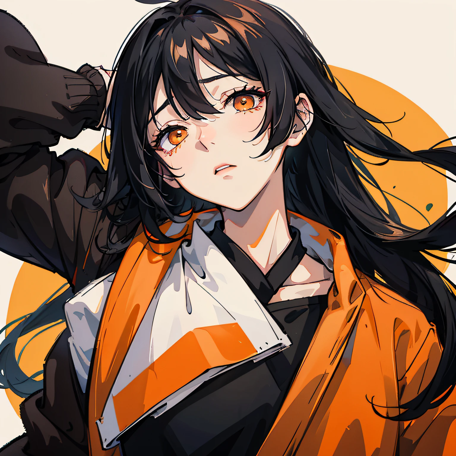 black hair, empty eyes, dashed eyes, Orange eyes, sleepy, unconscious, anime --auto