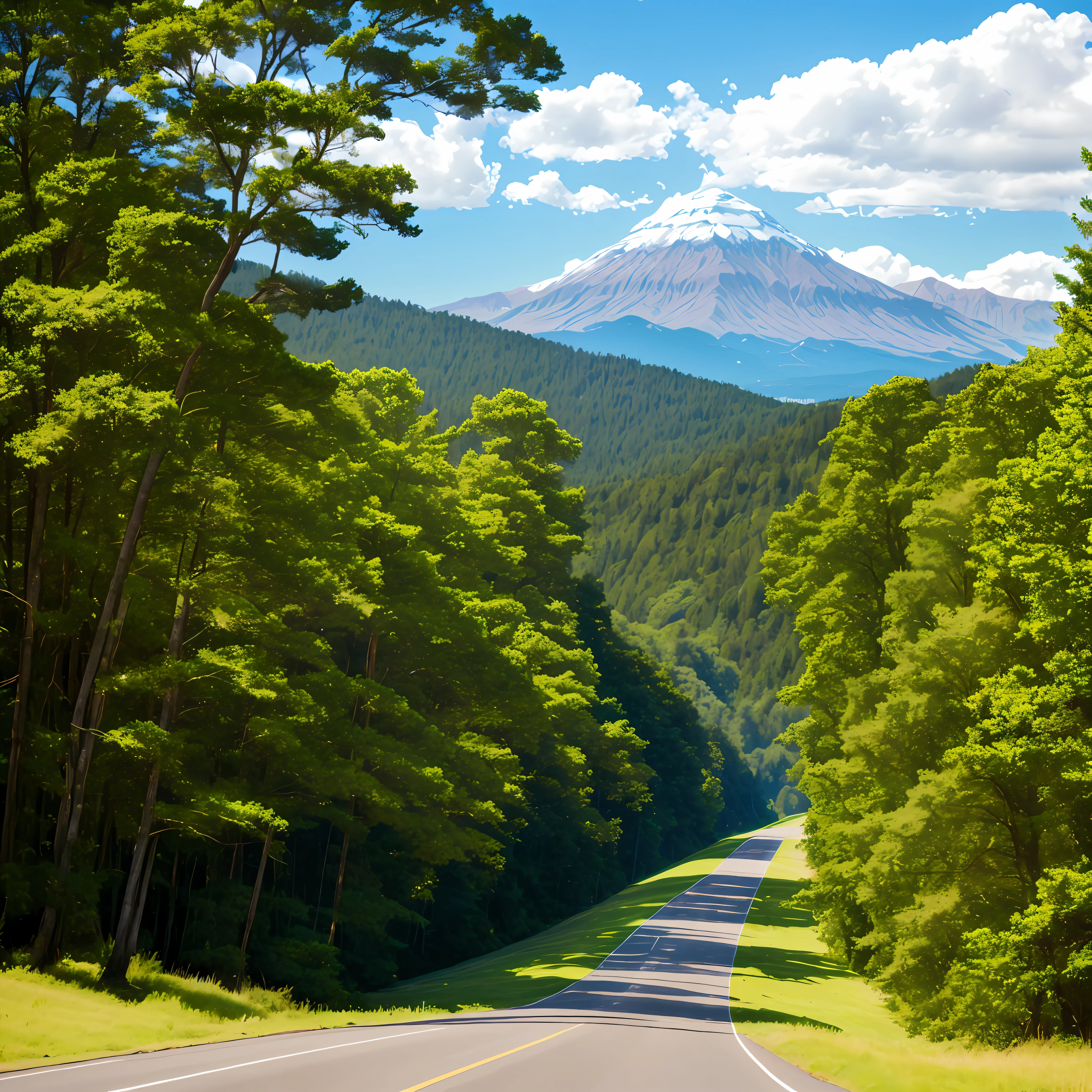 Green distant mountains，Tyndall Light，The wilderness is vast，The grass is verdant，freeway，Big trees stand，Don't show up characters ，The mountains are green，The sun shines through the clouds，Delicate details