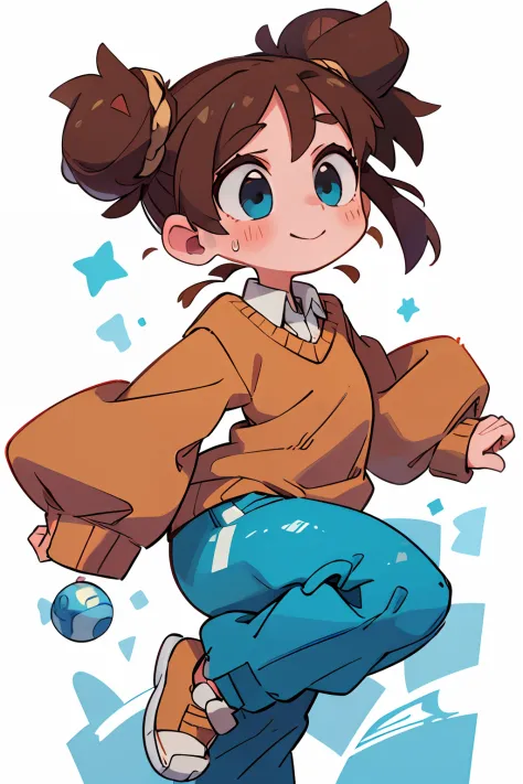 masterpiece, beautiful, 4k, detailed, intricate details, child, loli, sweater, collared shirt under sweater, thick heavy sleeves, brown sweater, baggy sweatpants, blue sweatpants, messy bun, brown hair, brown bun, soft blue eyes, soft smile, slight smile, ...