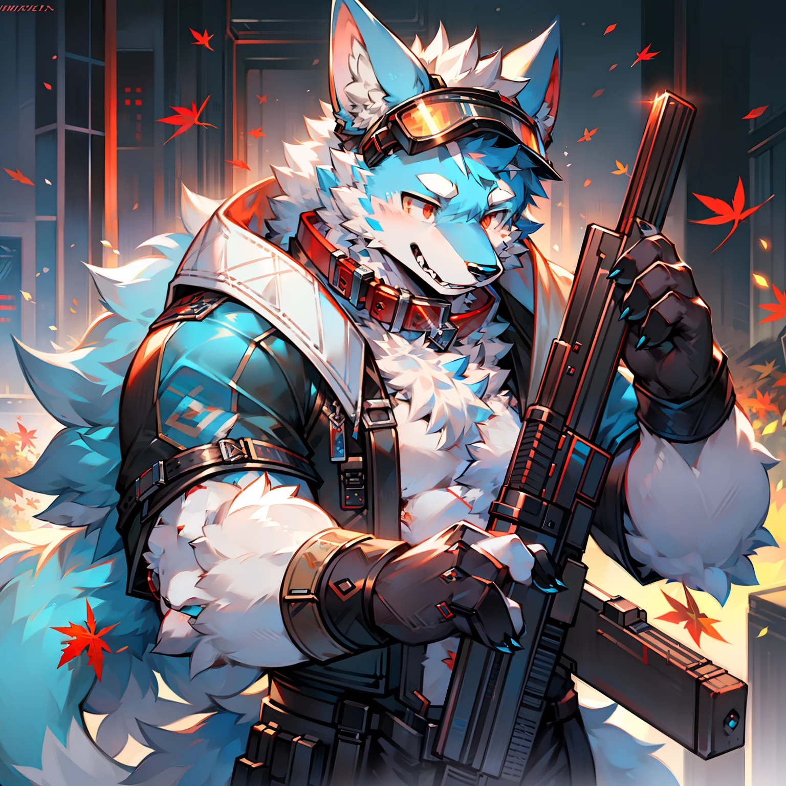 solo person，Furry，werecreature，Male white wolf，Blue fur，Blue tail，White ears，Blood-red eyes，Red collar，musculature，male people，Handsome，（The furry feeling of animal ears），with gun，commando，rifles，cyber punk perssonage，Tech goggles，Maple leaves fall，autumnal