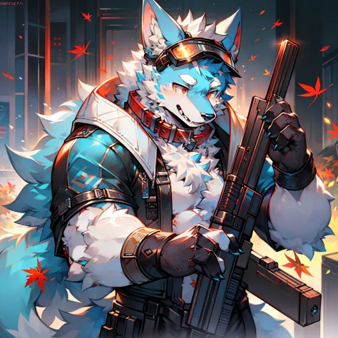 solo person，Furry，werecreature，Male white wolf，Blue fur，Blue tail，White ears，Blood-red eyes，Red collar，musculature，male people，H...