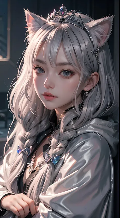 crystal, cat ear, Princess，tiara crown，dual horsetail, Silvery hair, kemonomimi mode, full blush, Hooded cape, High detail, Chiaroscuro, Verism, Ray tracing, High details, A high resolution