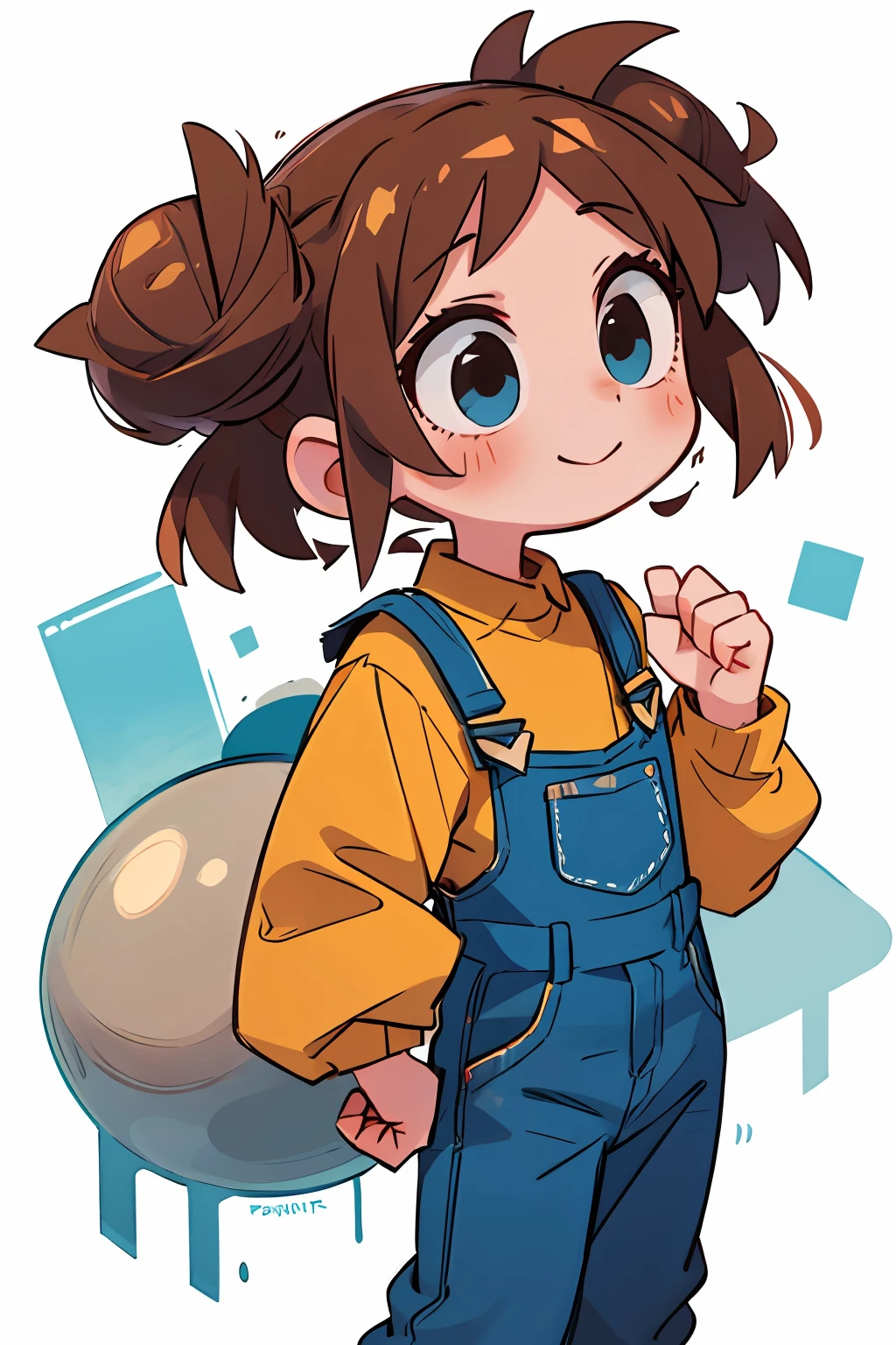 masterpiece, beautiful, 4k, detailed, intricate details, child, loli, overalls, jean overalls, long sleeve shirt, white long sleeve shirt, overalls over shirt, cuffed overalls, messy bun, brown hair, brown bun, soft blue eyes, soft smile, slight smile, hands back, standing on the balls of her feet, 1girl, rocking