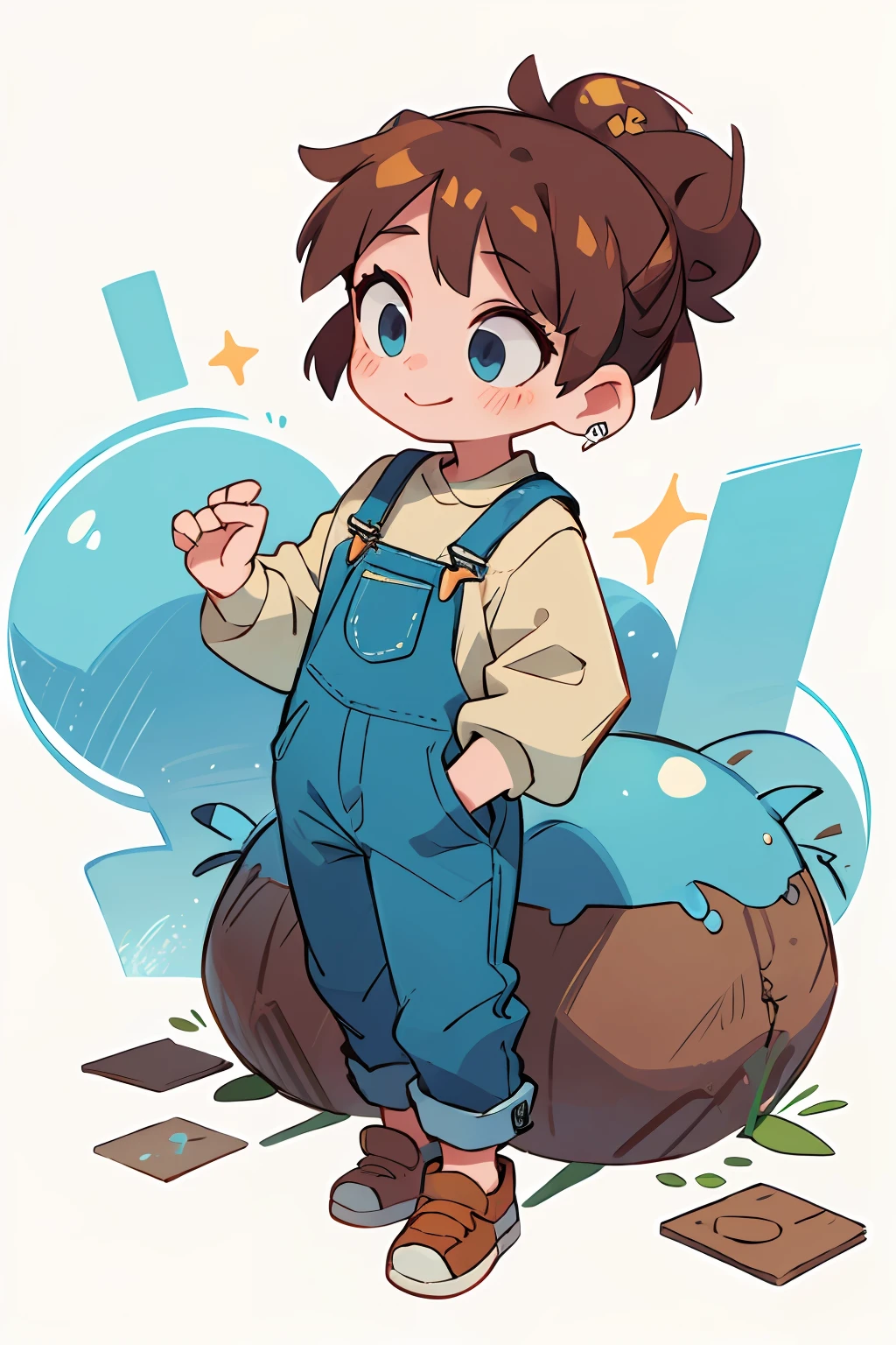 masterpiece, beautiful, 4k, detailed, intricate details, , , overalls, jean overalls, long sleeve shirt, white long sleeve shirt, overalls over shirt, cuffed overalls, messy bun, brown hair, brown bun, soft blue eyes, soft smile, slight smile, hands back, standing on the balls of her feet, 1girl, rocking