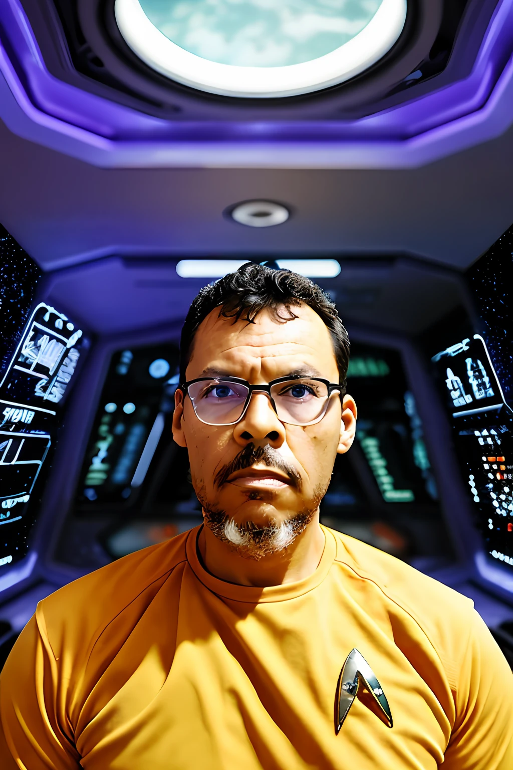 guttonerdjul23, Create a highly detailed and realistic portrait of a man wearing the iconic attire of a character from the Star Trek series, complete with futuristic glasses and a well-defined face. Set the scene inside the legendary starship Enterprise, capturing the intricate interior details of the spaceship.

Focus on the man's expression, showcasing the determination and excitement of a seasoned space explorer. The lighting should enhance the atmosphere, with futuristic lighting panels and reflections from the spaceship's surroundings. Utilize ultra-high-definition (UHD) techniques to bring out the richness of colors, textures, and shadows, elevating the artwork to an immersive level of realism.

Pay meticulous attention to the costume design, replicating the authentic Star Trek attire with precision and accuracy. Ensure that every element of the spaceship's interior, from the control panels to the spaceship's signature design, is faithfully represented.

The final artwork should evoke a sense of awe and admiration, immersing the viewers in the thrilling world of space exploration within the Starship Enterprise.