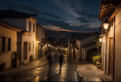 Dois jovens amigos caminhado na rua, Rear view, noite escura, cidade pequena, casas, postes de madeira, lampadas nos postes, 8k,...