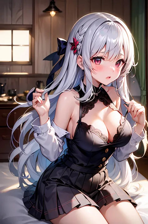 {Best Quality}, {ultra-detailliert}, {very detailed illustration}, silber hair, Aimei, embarrassed from，breastsout，，red blush，black，Be undress，skirt by the、Casual clothing，knit