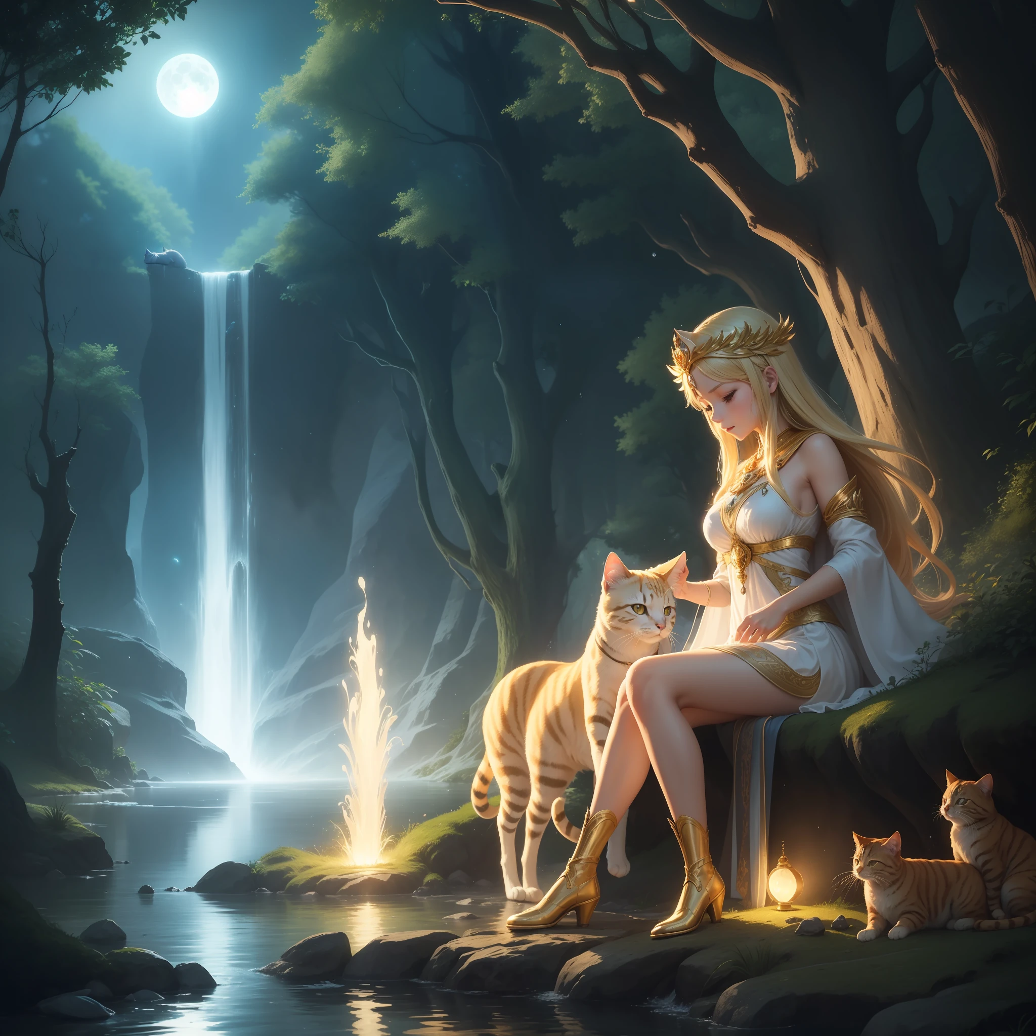 --Goddess Athena --bathing--in a lake --under the soft moonlight --her radiant skin reflecting the bright moon --Golden hair fluttering in the wind --Eyes bright as twinkling stars --Crystal clear water caressing her divine form --The yellow cat with boots --lurking hidden --with curious and mischievous look --Her whiskers moving smoothly --The scenery is enchanting --the mysterious forest shrouded in a magical aura --majestic trees with dense foliage --the moonlight filtered by the green canopies --The soft sound of running water in the lake creates a serene atmosphere --The stars dot the night sky, adicionando um toque de encanto celestial --Enquanto Atena se banha, the scene is enveloped by an ethereal glow - the drops of water seem to flash around it - The yellow cat moves surreptitiously, leaving soft footprints in the sand --A sense of mystery and magic permeates the entire environment, while Athena and the cat enjoy this unique and special moment. --Special Effects --A cinematic lighting enhances every detail of the scenery --Rays of light from the moon highlight the shapes of the trees and the goddess --The drops of water glow softly, creating a sparkling effect --Panoramic camera reveals the lush beauty of the forest and lake --Detailed close-ups enhance Athena's serene expression and the cat's curiosity --Soft, Ethereal music creates a magical and engaging atmosphere --Careful editing gives rhythm to the scene, underscoring the charm of the moment --The scene is full of mystery and surprise, with clever cuts that emphasize the interaction between the goddess and the cat --The special effects give a magical and celestial touch to the whole scene, transportando o espectador para um universo encantado de mitos e maravilhas.