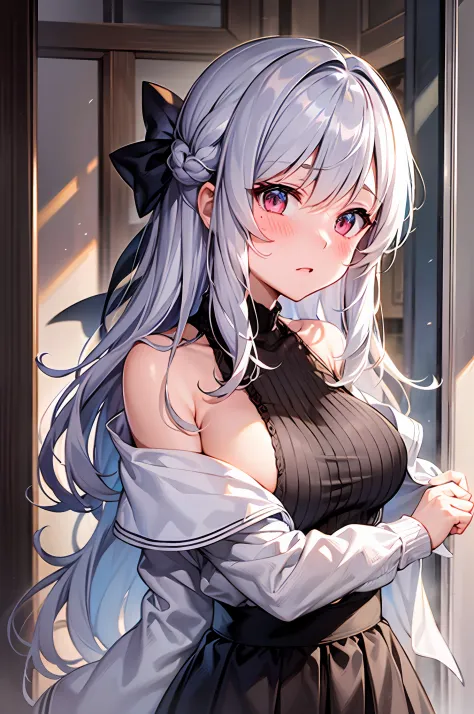 {Best Quality}, {ultra-detailliert}, {very detailed illustration}, silber hair, Aimei, embarrassed from，breastsout，，red blush，Black，Be undress，skirt by the、Casual clothing，knit