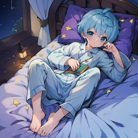 4K), Cute 7-year-old little shota with small feet and short legs with light blue hair and barefoot and white pajamas , Lies in b...