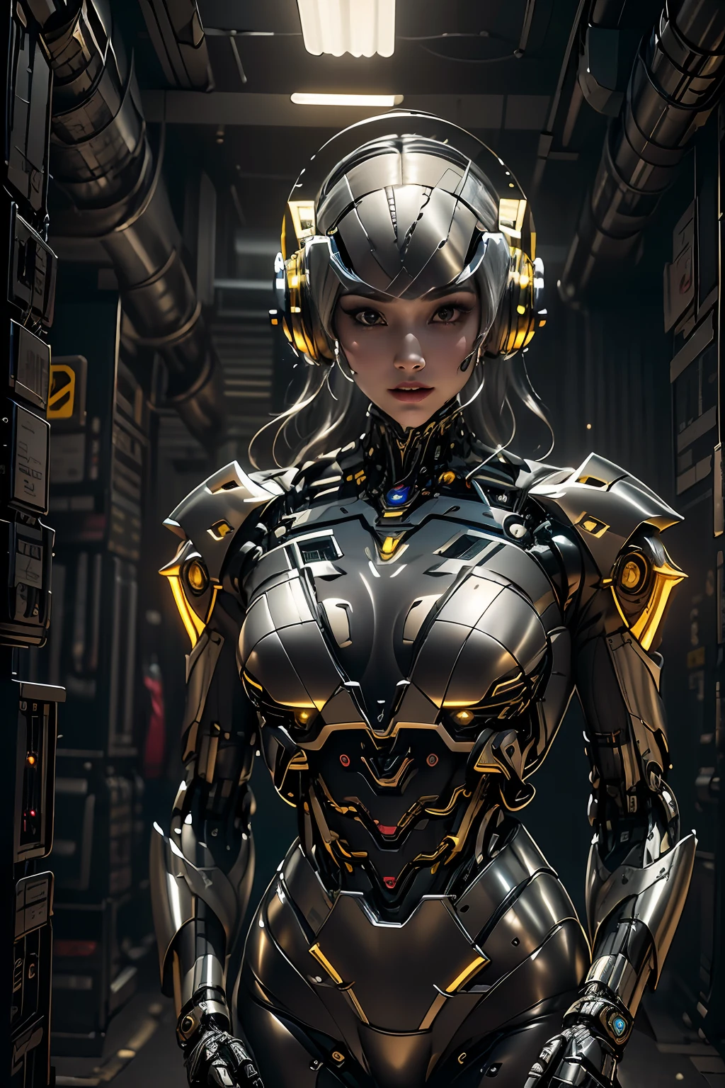 1girll，Perfect facial features，delicated face，Mecha，(cyber punk perssonage:1.3)，Wear a black and gold titanium mech，Bring headphones，shelmet，Super complex helmets and headphones，Illuminated helmet and headphones，glowing jewelry，Glowing earrings，Glowing necklace，inside in room，Electronic wire background，best qualtiy，tmasterpiece，Movie filter presets，movie level lighting，c4d渲染，rendering by octane，Realistic metal surface，((Brushed metal surface texture))，((with light glowing))，Glow，(fully body photo:1.2)，(Mechanical heels)，High chiaroscuro，