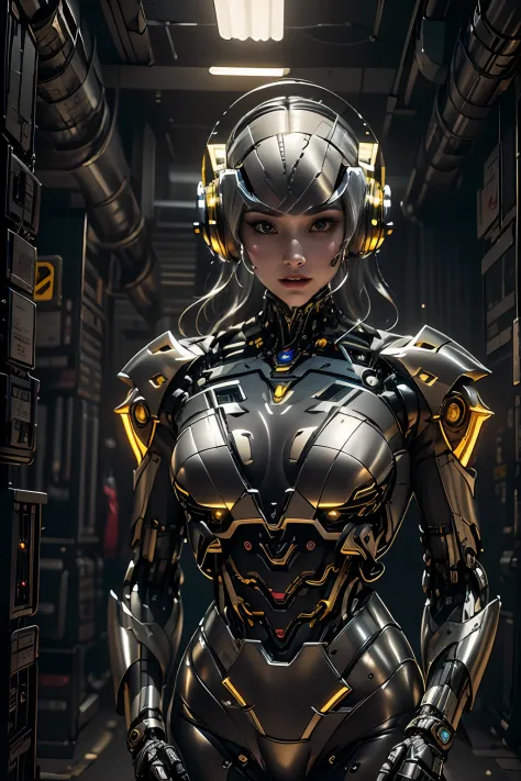 1girll，Perfect facial features，delicated face，Mecha，(cyber punk perssonage:1.3)，Wear a black and gold titanium mech，Bring headph...