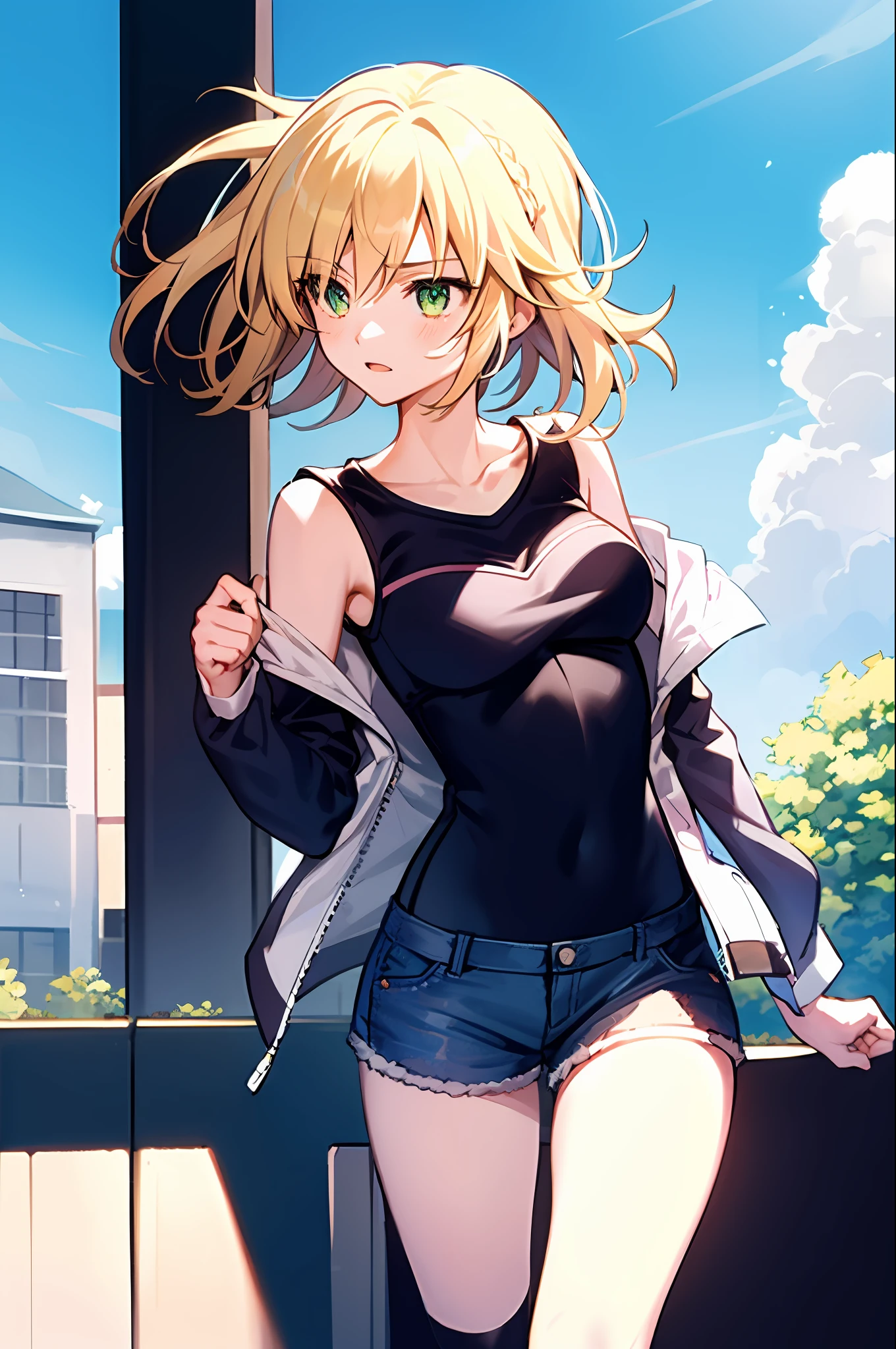 Masterpiece, Best Quality, illustration, city street, 1girl, mordred \(fate\), cowboy shot, skinny, collarbone, Detailed blond hair ponytail braid, green eyes, Red leather jacket, White short blouse, denim shorts