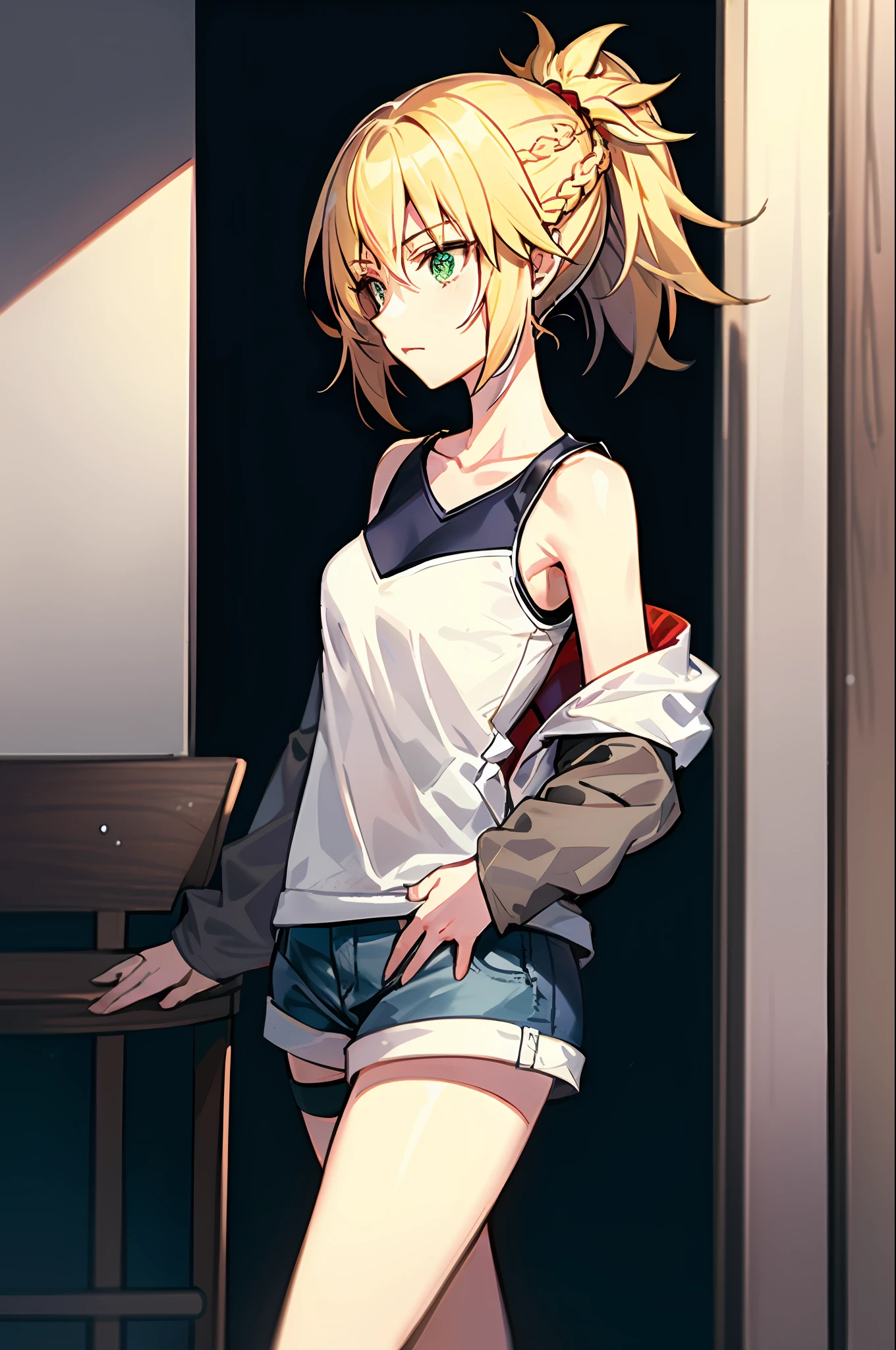 Masterpiece, Best Quality, illustration, city street, 1girl, mordred \(fate\), cowboy shot, skinny, collarbone, Detailed blond hair ponytail braid, green eyes, Red leather jacket, White short blouse, denim shorts