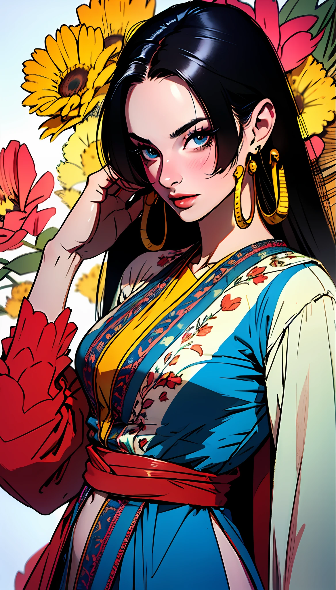 (cowboy shot),  (masterpiece), (best quality:1.0), (ultra highres:1.0), highly detailed face and eyes,
BREAK,
BoaHancockV2, black hair, long hair,
belly dance costume, red clothes
BREAK, flowers in background, stars in background
gorgeous view