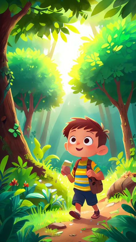 A little boy, an explorer, exploring the forest in search of adventures