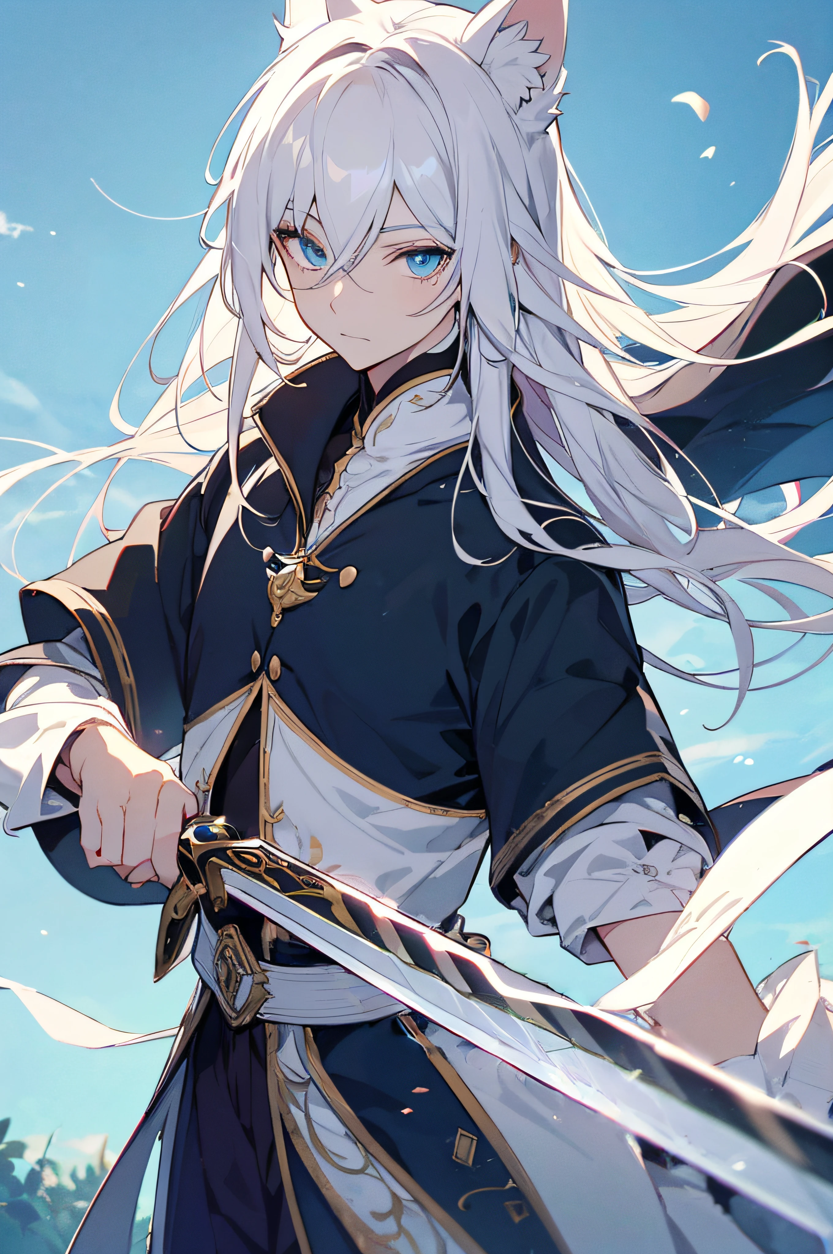 Holding a long sword in his hand，long sword，ancient wind，Handsome long sword