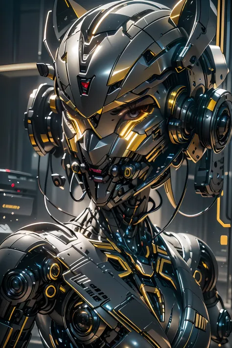 1girll，Perfect facial features，delicated face，Mecha，(cyber punk perssonage:1.3)，Put on a black and gold titanium mech，Bring head...