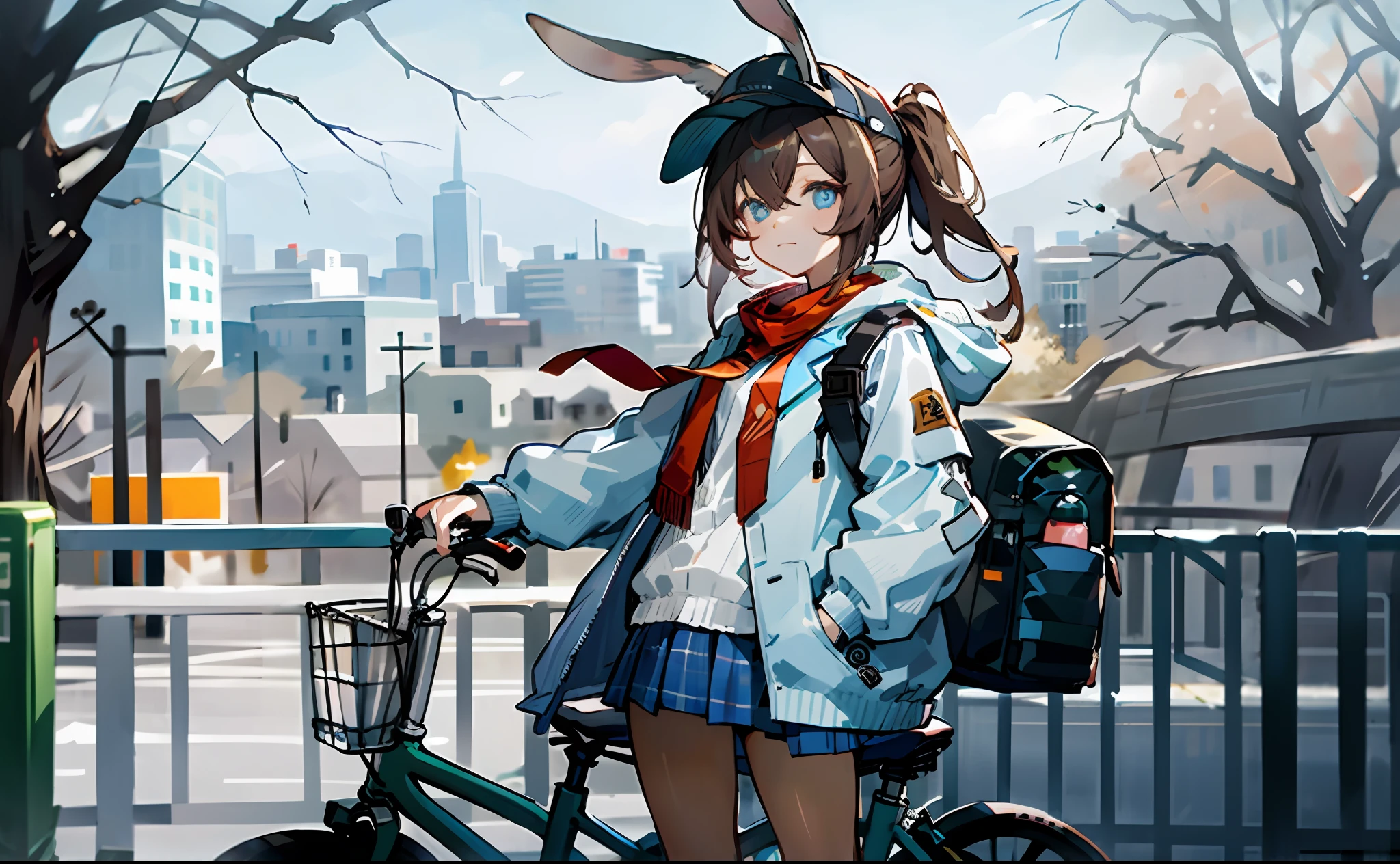 1girl, animal ears, rabbit ears, straight-on,looking at viewer, brown hair, ponytail,  expressionless, badge, bangs, blue baseball cap, detailed eyes, clothes writing, white clothes, hood, hood down, standing, long sleeves, closed mouth, (blue skirt:1.05), solo, (light blush:0.9), bare tree, building, city, cityscape, day, outdoors,  street, bridge, bicycle handle,tree