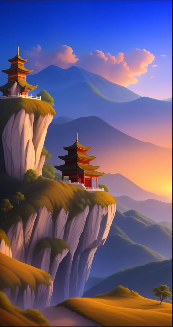 A mountain with a pagoda at sunset, digital painting of a pagoda, Beautiful wallpaper, pagodas on hills, dojo on a mountain, matte painting 4k 8k, 4 k matte painting, Chinese landscape, amazing wallpapers, beautiful mattepainting, 4k vertical wallpaper, 4k...