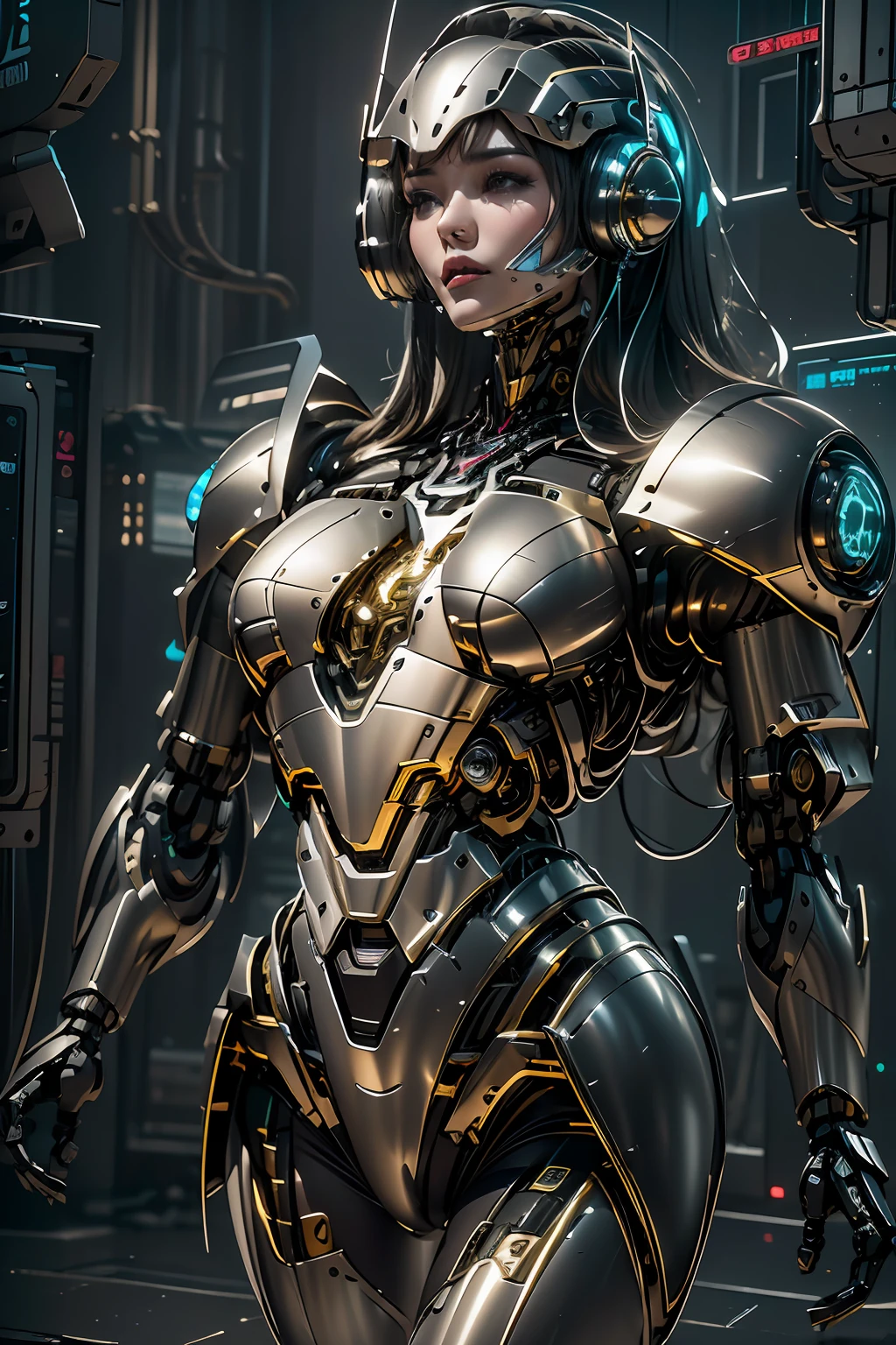 1girll，Perfect facial features，delicated face，Mecha，(cyber punk perssonage:1.3)，Put on a black-gold titanium mech，Bring headphones，shelmet，Super complex helmets and headphones，Illuminated helmet and headphones，glowing jewelry，Glowing earrings，Glowing necklace，inside in room，Electronic wire background，best qualtiy，tmasterpiece，Movie filter presetovie level lighting，C4D Rendering，rendering by octane，Realistic metal surface，((Brushed metal surface texture))，((with light glowing))，Glow，(fully body photo:1.5)，(Mechanical heels)，High chiaroscuro，