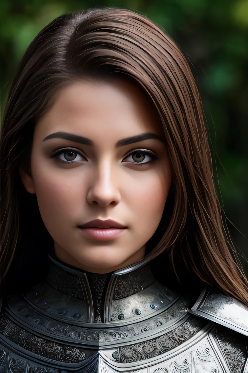 RAW masterpiece photo photorealistic, closeup woman with brown hair, knight in an intricate detail armor, detailed background DOF