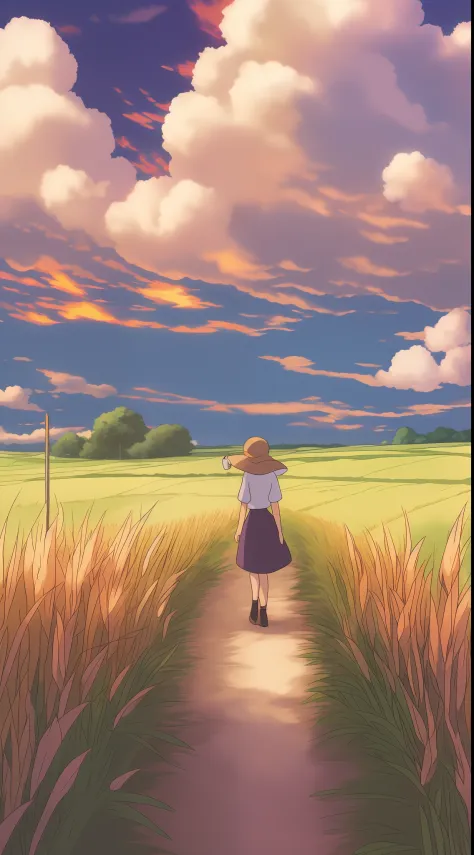 Mobile phone wallpaper, Ghibli style, wheat field, a girl, (full body: 1.5)standing on the country road, looking at the sky, the sky has clouds, burning clouds,