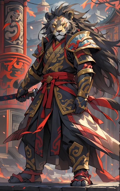 lion warriors, full body like，close-up of lion warrior holding a sword in the city, determined eyes，fierce，akira in chinese myth...