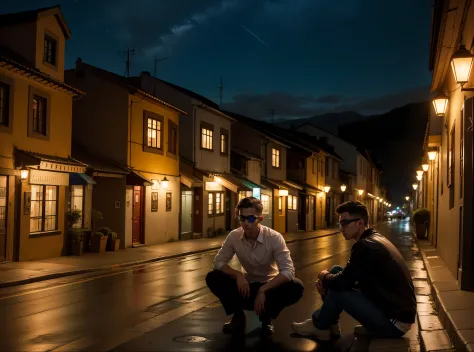 Shy young man and trotter sitting on the sidewalk, wearing goggles, noite escura, cidade pequena, casas, postes de madeira, lamp...