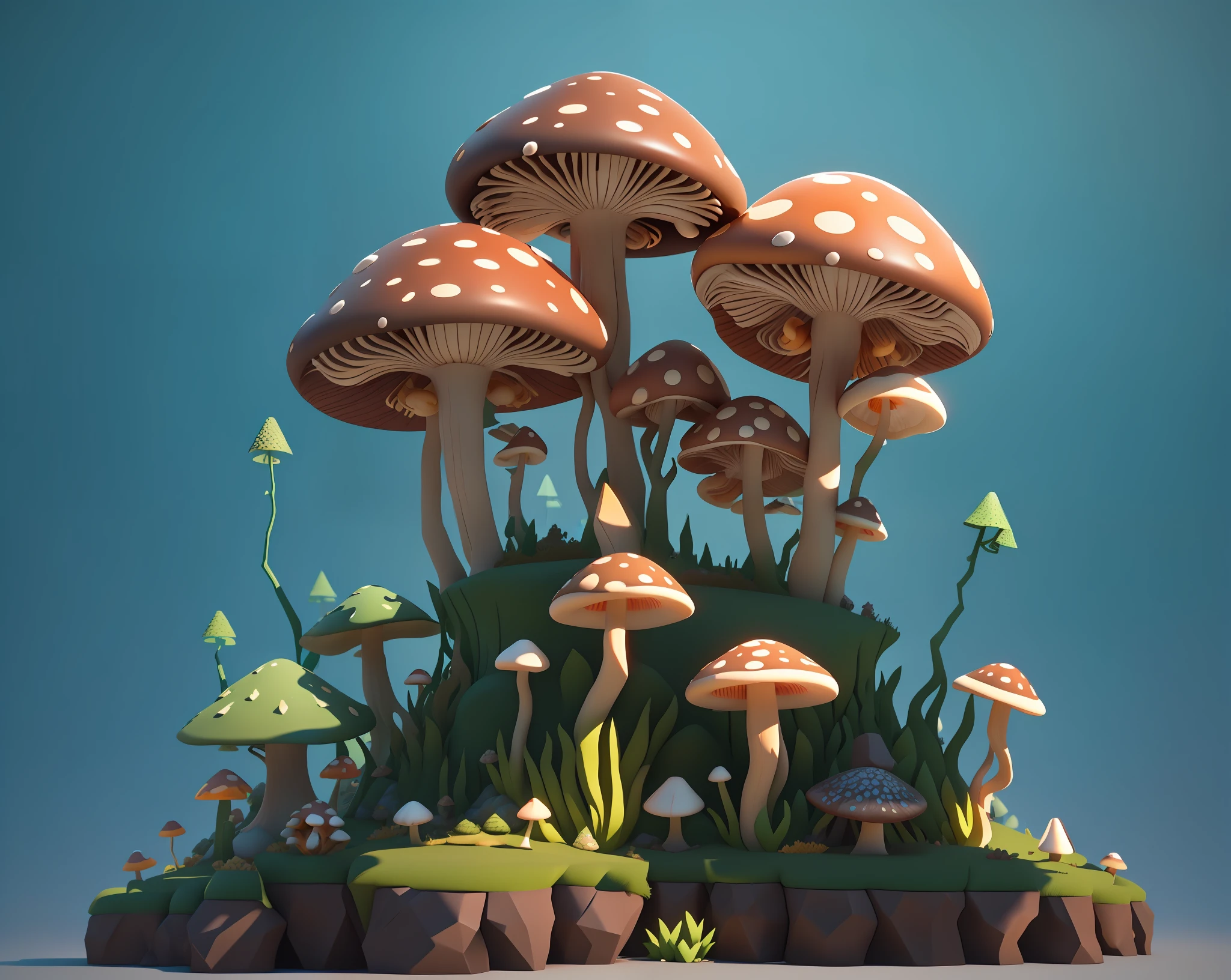 A close up of a bunch of mushrooms on a small island - SeaArt AI