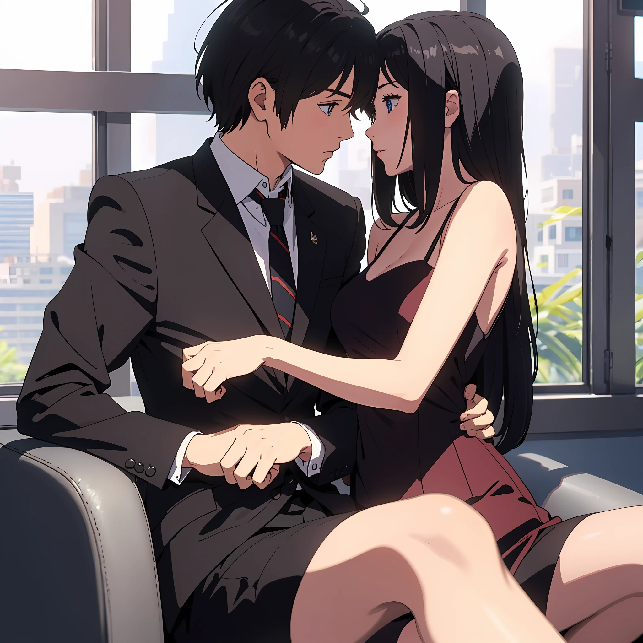 Anime couple in a suit and tie sitting on a chair - SeaArt AI