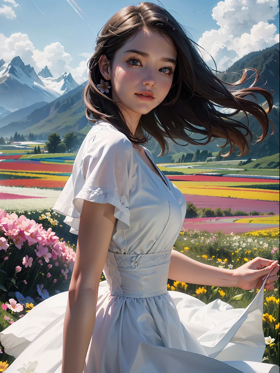 1girl, dynamic angle, cloud and mountain, (flower field:1.4) in the foreground, white dress, light tracing, (floating colorful wind:1)
(photorealistic:1.4), official art, unity 8k wallpaper, ultra detailed, beautiful and aesthetic, masterpiece,best quality, glowing skin, cinematic lighting, light smile