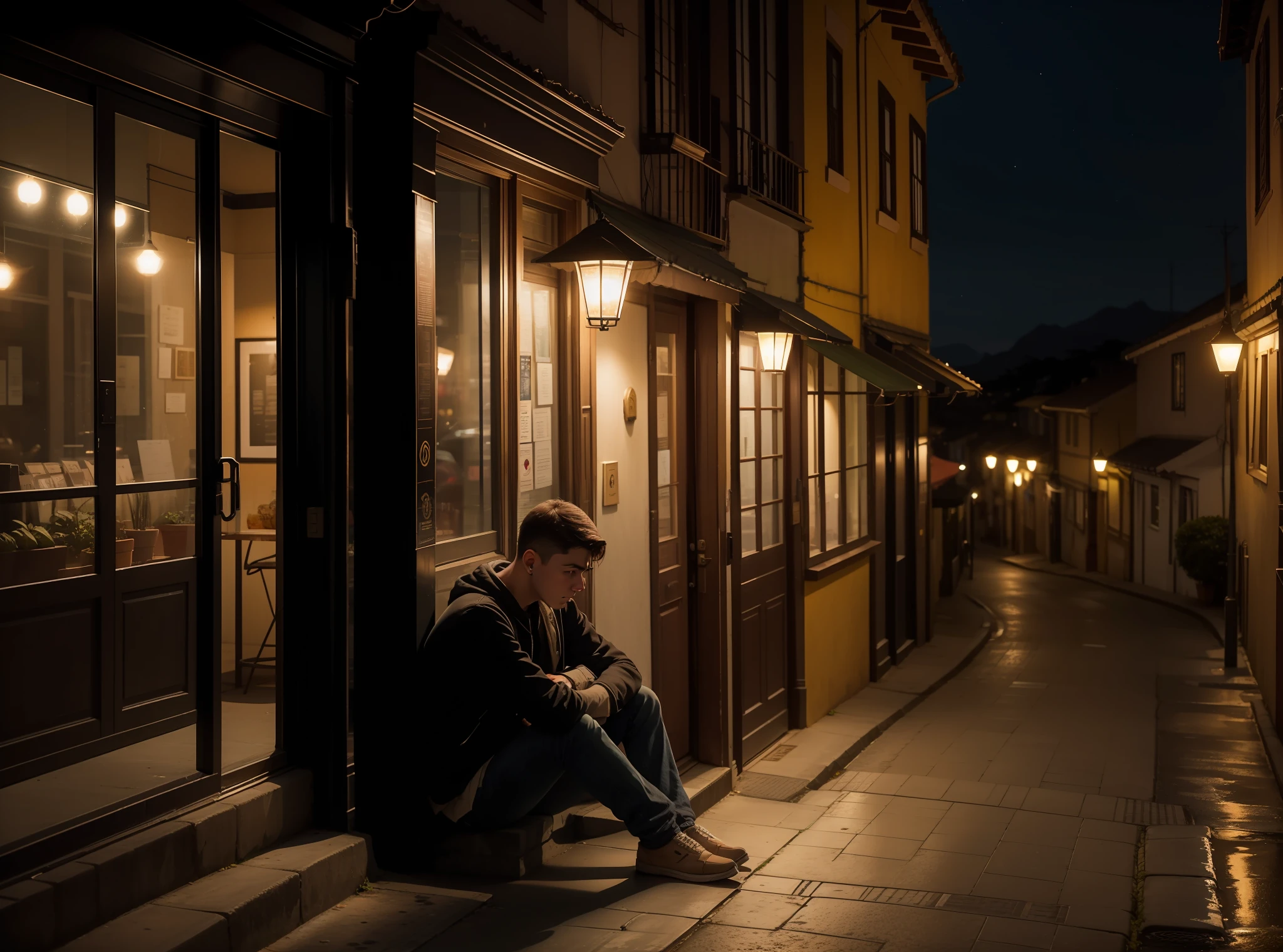 Shy and sad young man sitting on the sidewalk,  Aerial view, noite escura, cidade pequena, casas, postes de madeira, lampadas nos postes, Aerial view, 8k, maximum detailed, alta qualidade