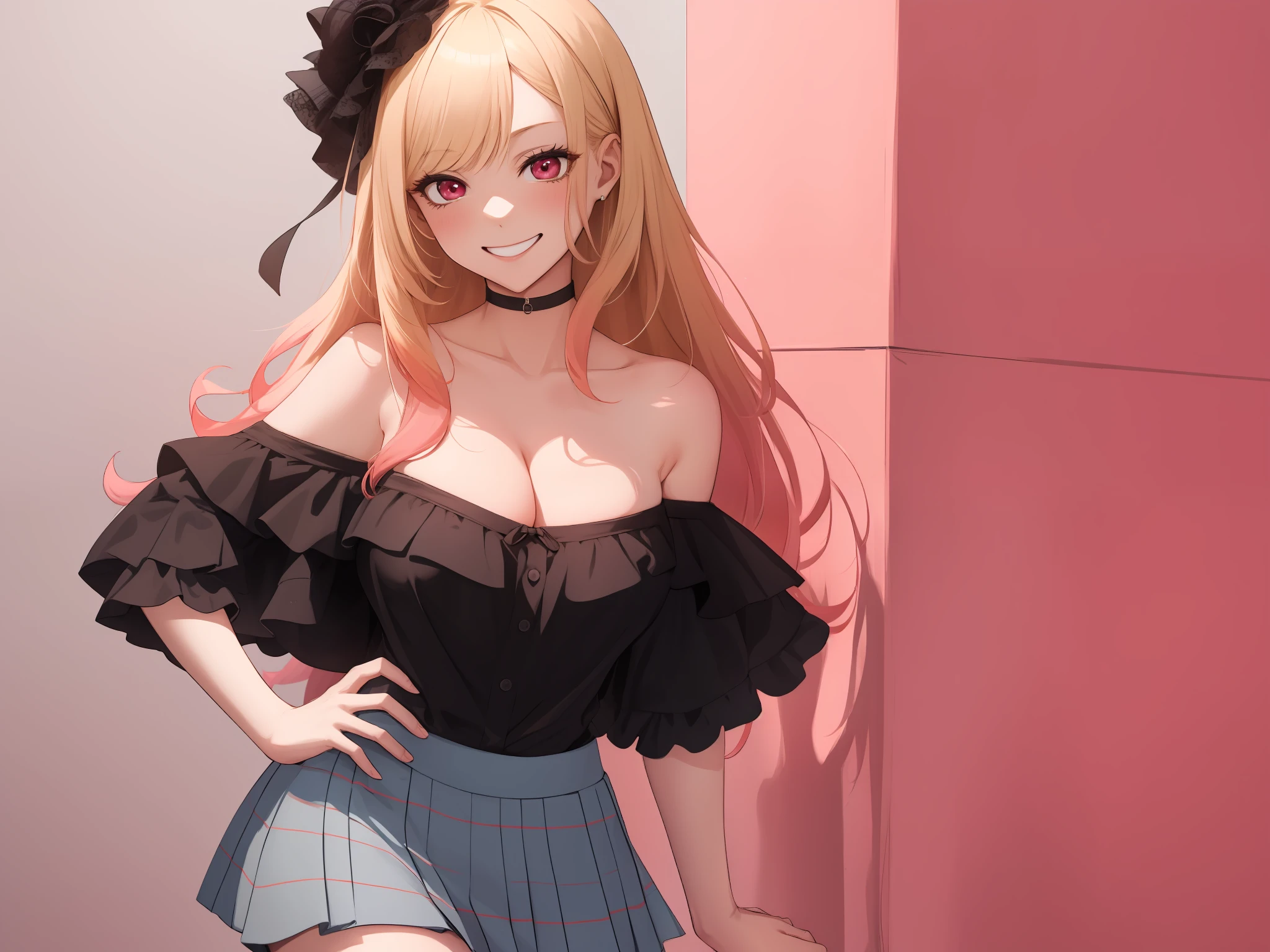 masutepiece, 1womanl, ((Solo)), of the highest quality, Hi-Res, cleavage, ((Pink Off Shoulder)), (Black short skirt), Large breasts, Red Eyes, a blond, simple background, ssmile