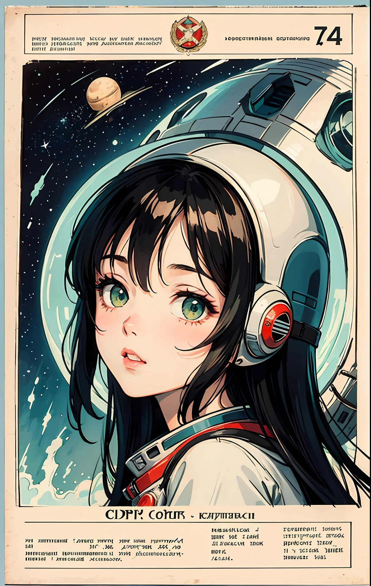 1girl, Gorgeous green eyes and details, shiny hair, Black hair, hair between the eyes, straight,  Centered in the middle of the screen, looking up  flat, cccp poster, On a coffee-colored sheet, style old news, soviet poster, Adolescent, USSR style,  In outer space, star sea, the letters CCCP in red on the top of the helmet, weightlessness, side light, reflection, reflected sunlight, space suit