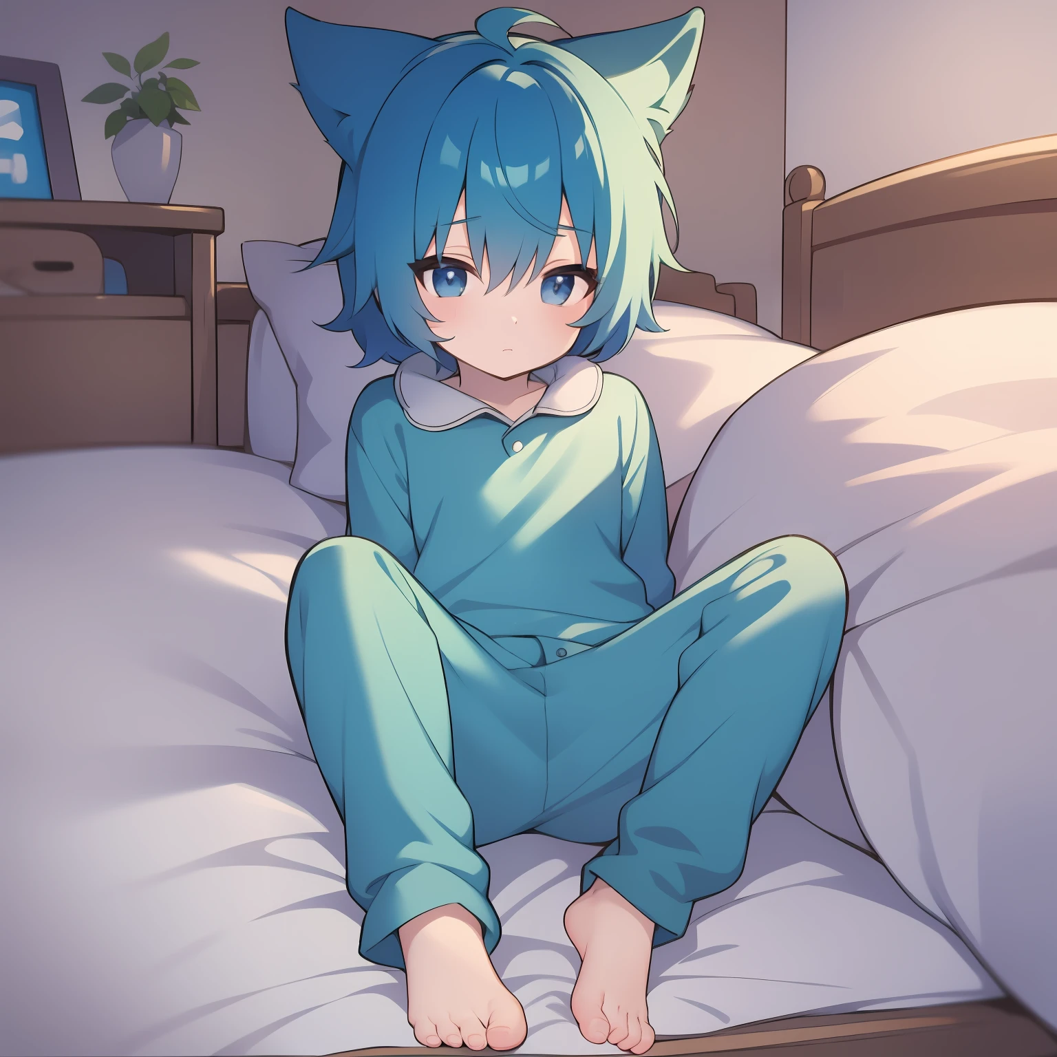 4K), Cute 7 year old little boy with small feet and short legs with light blue hair and barefoot and big onesie pajamas, Lies on the bed and shows his feet, Regentag, Nebel Licht, Impressionismus, 2D, Feet in focus