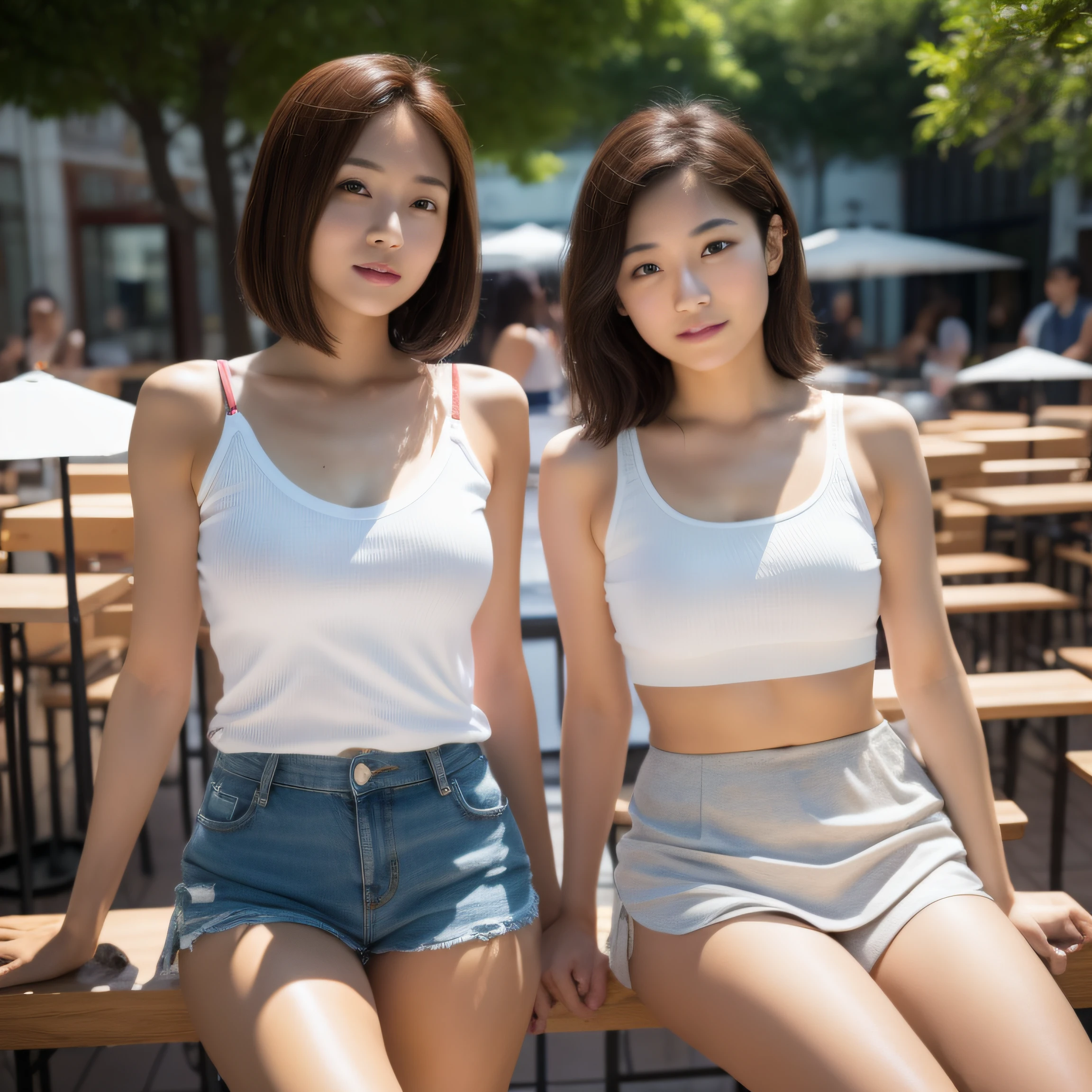 Two asian women sitting on a bench in a public area - SeaArt AI