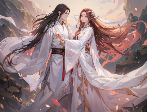 couple, man and woman, extremely handsome guy with long brown hair and white outfit and no facial hair, extremely beautiful woman with long pink hair, xianxia clothing, xianxia, fantasy, wuxia, dramatic and romantic pose, dramatic lighting, dramatic and dy...
