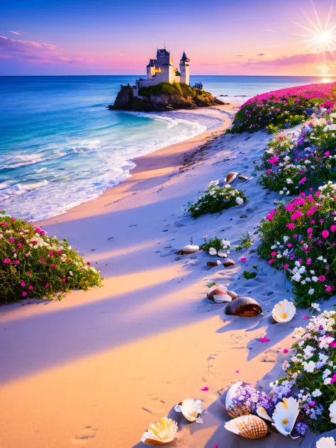 castle, flowers, delicate scene, sky,white clouds,and sunlight shine on the snow-white beach. flowers roses and shiny large shel...